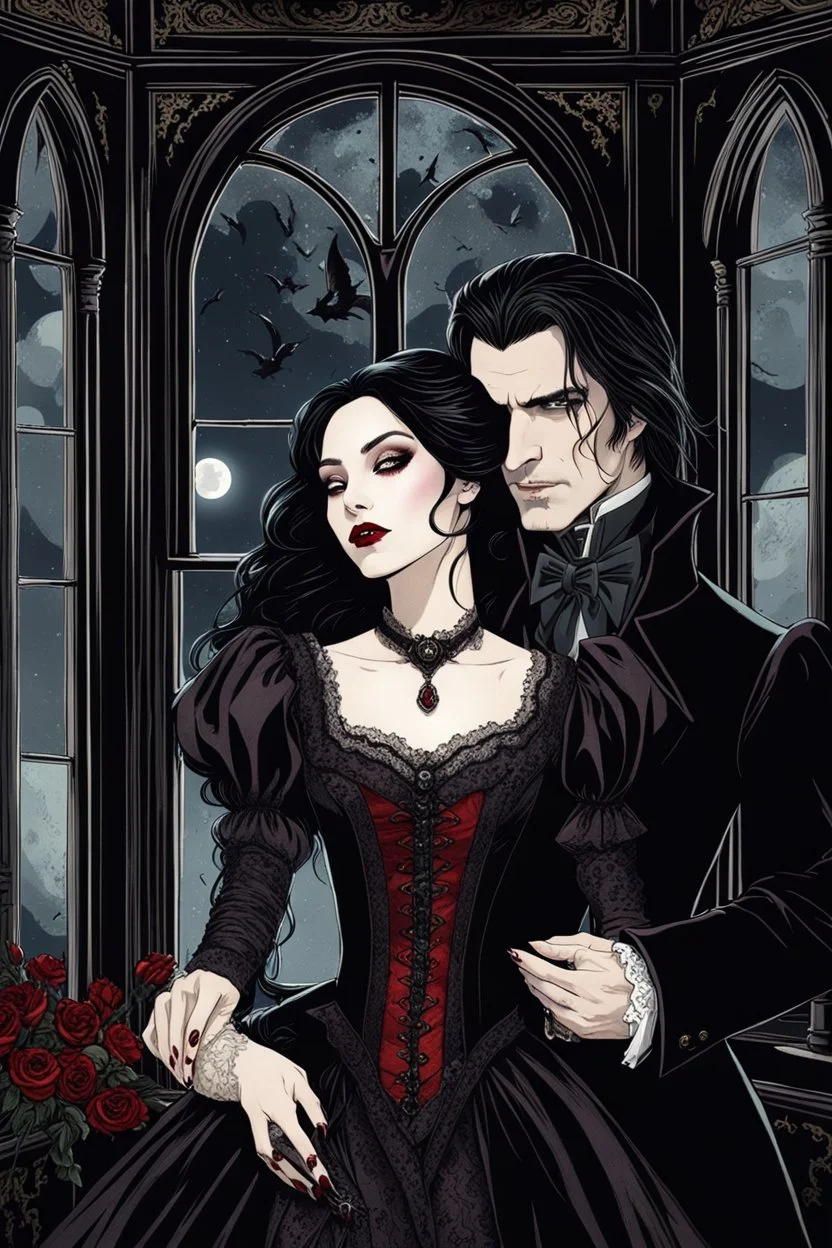 a vampire in a Victorian-style dress with a pale face, black long haired bites neck a beautiful young woman and sucking blood, she wears a wonderful victorian-goth lace dress. a faint melancholy smile on his face, his eyes closed. Gothic-style room in the background, semi-darkness, the light of the full moon shines through the large window onto the horror scene, high detailed, high realistic, sharp focus, masterpiece