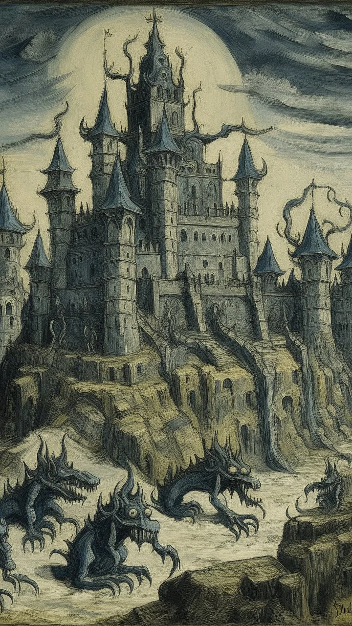 A gray creepy citadel with shadow monsters painted by Vincent van Gogh