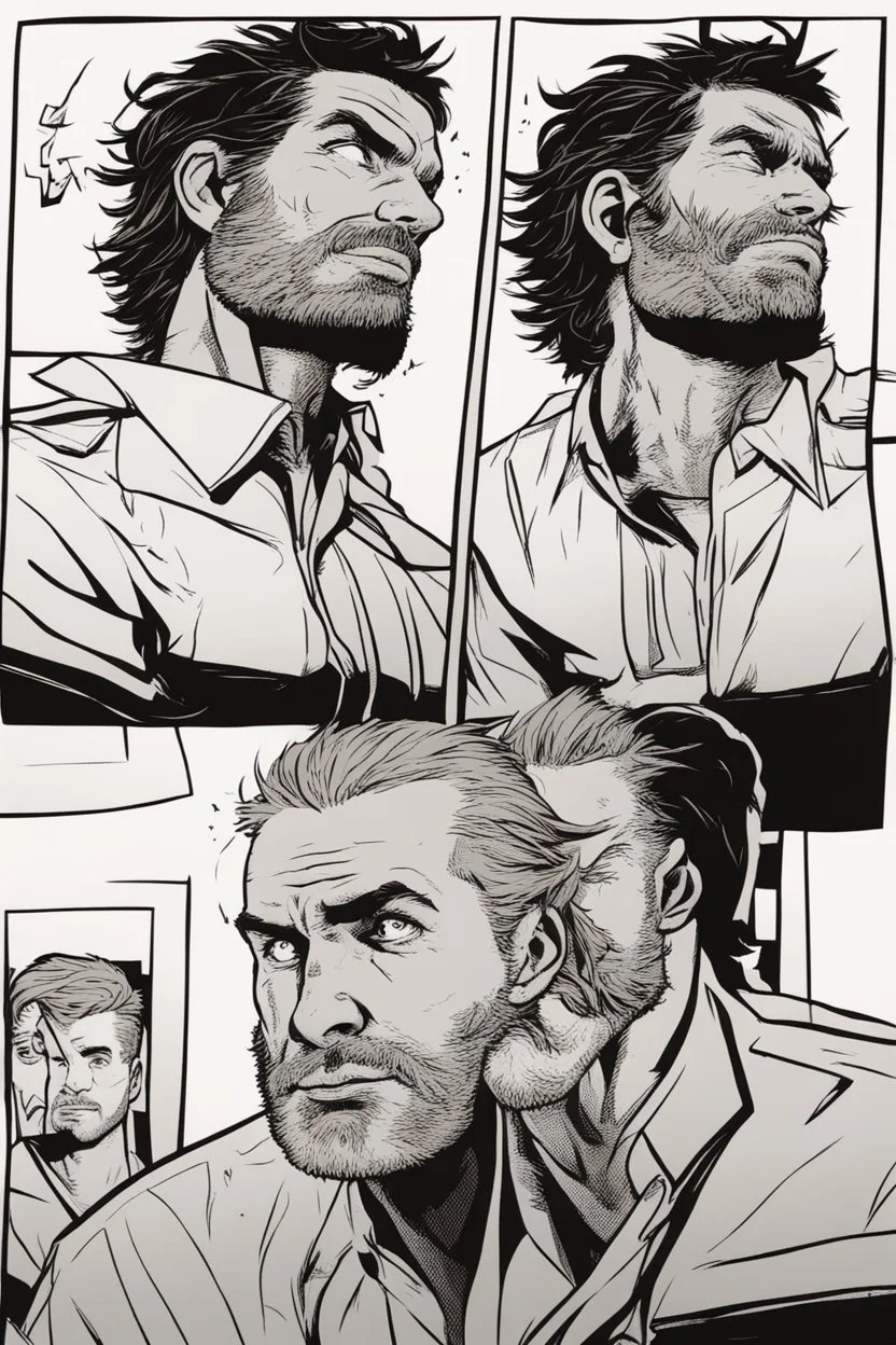 man with scruffy hair, stubble and a judgmental facial expression comic book style