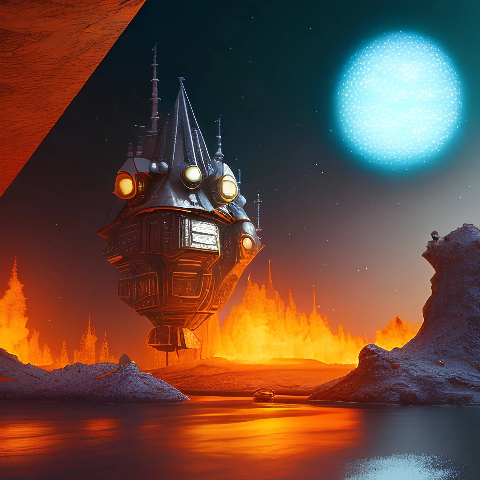  house on fire, planet mars, cristal, dancing on a table, realistic, still life, A perfectly cute shaped crystal, cyberpunk, volcan, Epic scale, highly detailed, black mecanic castle,