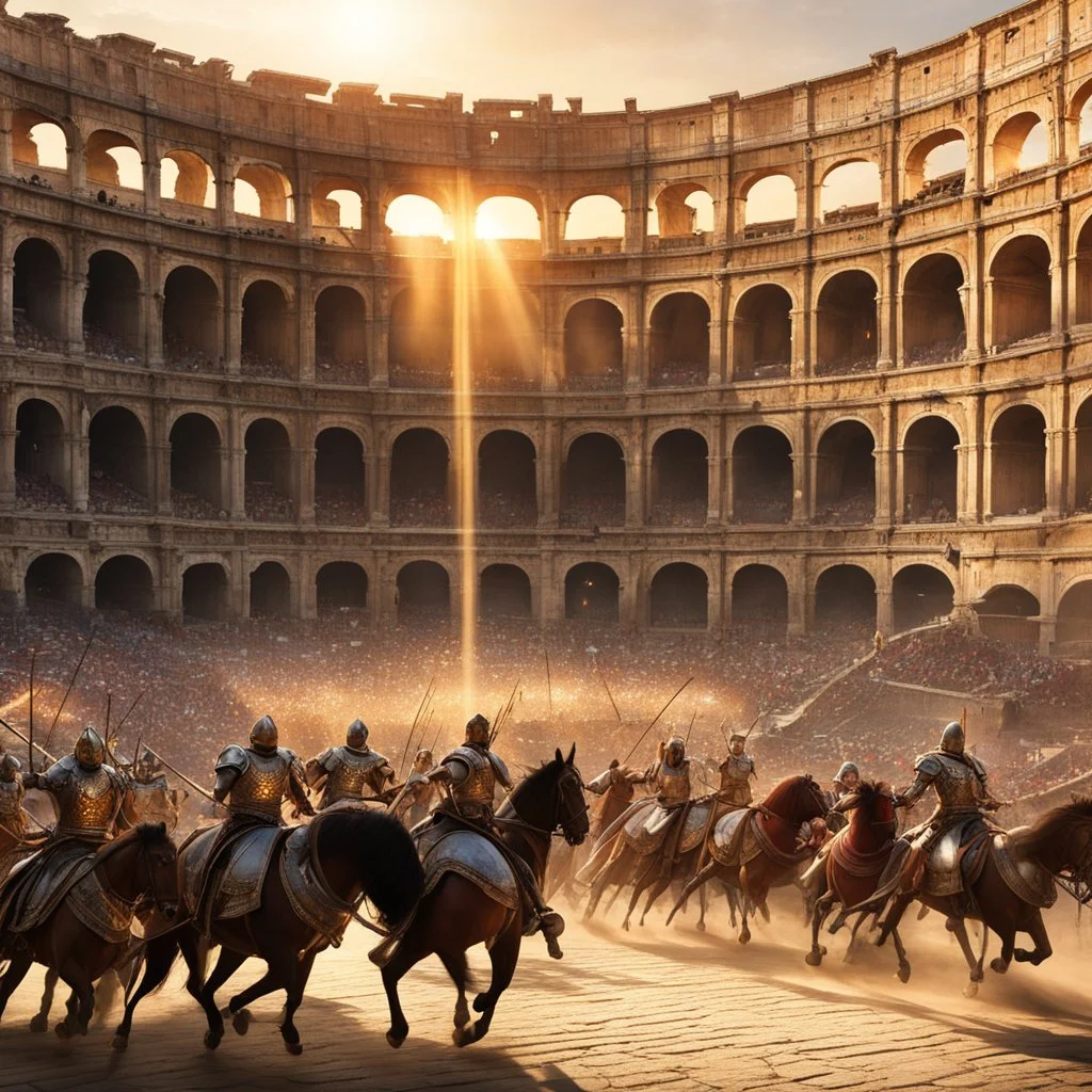 A scene unfolds in ancient Rome, where a grand carousel of gladiators and gladiatrix spins amidst the cheers of the crowd. The sun sets over the Colosseum, casting a golden glow on the fierce fighters as they whirl past on their majestic steeds. The gladiators, clad in shining armor, wield their weapons with practiced skill, their eyes fierce and determined. The gladiatrix, with flowing robes and weapons in hand, exude a fierce grace as they ride alongside their male counterparts. The carousel