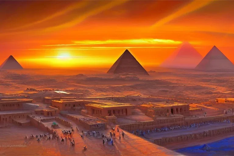 An ancient Egypt city at sunrise with 2 pyramids in the background, by matthieu lauffray, beautiful Egyptian temples, art Station, vibrant colours, oil on canvas, epic, dramatic lightning