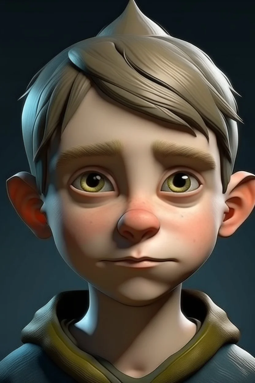 Portrait of a young male gnome with short hair, small and intelligent eyes, angular face, aquiline nose,
