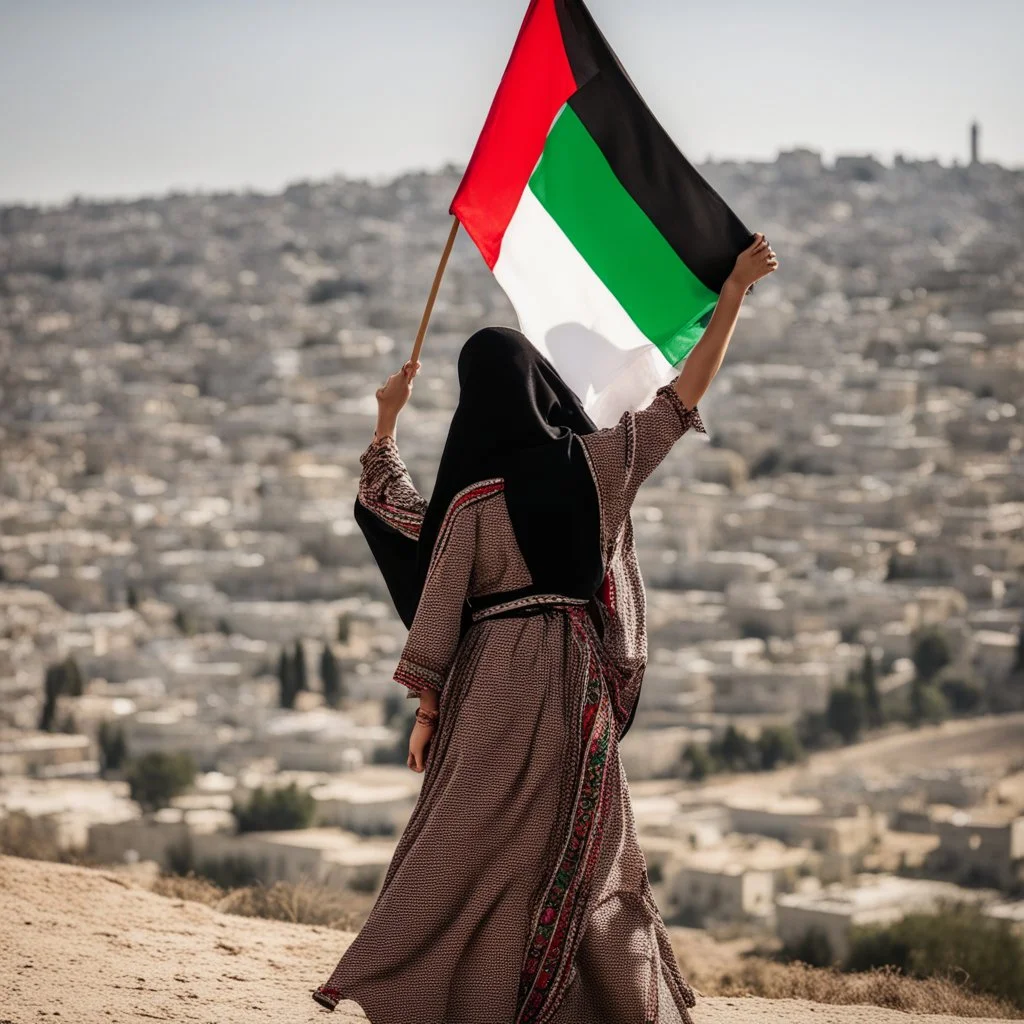 A very beautiful girl carrying a large Palestinian flag in her hands and waving it while wearing a keffiyeh and an embroidered Palestinian dress.