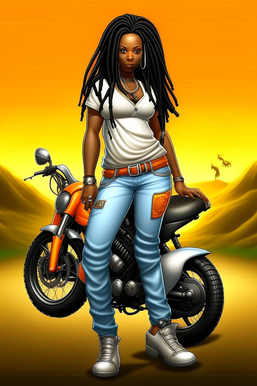 Create a digital airbrush cartoon of a curvy African American female wearing tight white jeans and a off the shoulder orange blouse. She is also wearing timberland boots. Prominent make up with hazel eyes. Highly detailed very long extremely dread locs black hair. Her skin is smooth and silky. Background of a track of ATV riders.