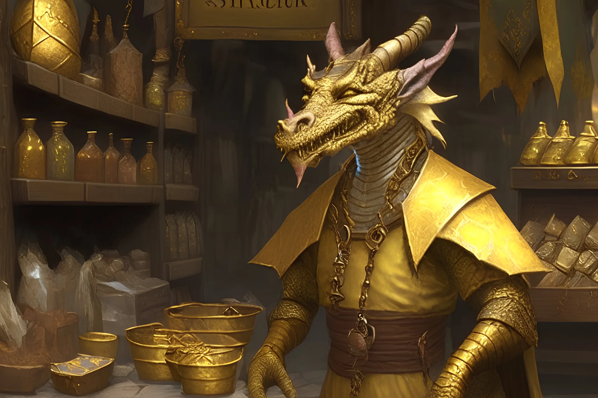 a old male gold dragonborn shopkeeper