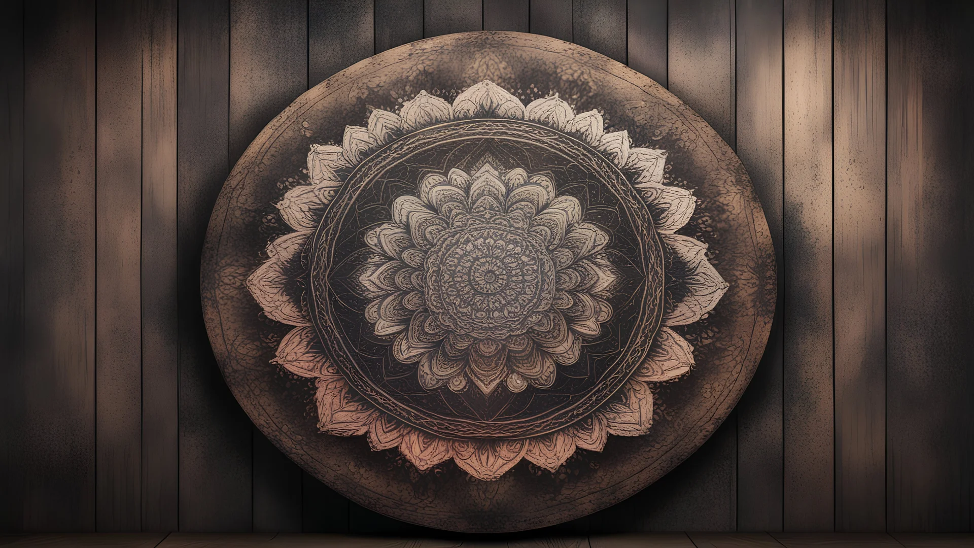 Hyper Realistic Grunge Rustic Grungy Mandala on wooden plank on dark rustic wall & dark vignette effect