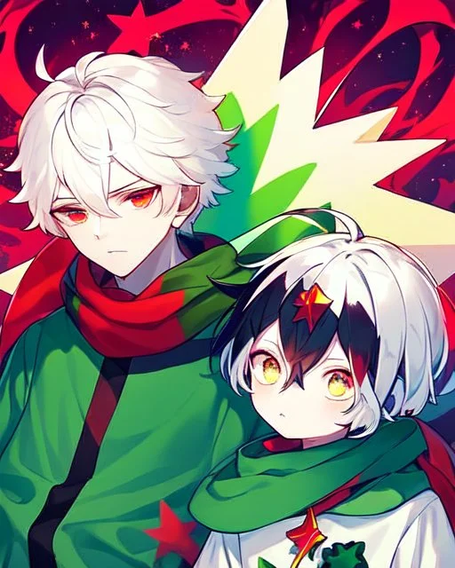 Green clothes with a yellow stripe and star in the middle of the print, short white hair, A young boy, wears a red scarf, has a colorful aura, At the bottom there are several stars, and his eyes are Light green