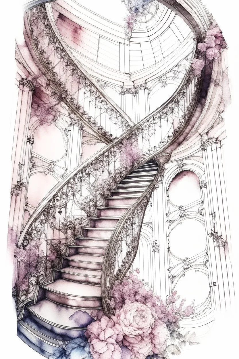 Watercolor sketch on a white background. Ink. Spiral staircase in the hall leading to the sky, pink and white hydrangeas, portraits, rococo interior, chandeliers, filigree, work of art, rich structures, elegance of lines, sparks, drapery, patterns, lavender accents, juicy, bright, sunny, hyperrealistic, top view, retro, monograms, diamond dust, ultradetalization, dots, RAW, ISO 100