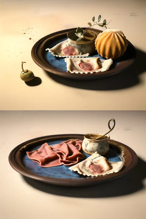 renaissance style still life composite, dish of Raviolis with cow meat, vine cup, olive oil. moisture, art, natural, ornaments, ceramic, marble, high kitchen, smooth, god rays, unreal engine 5, ray tracing, RTX, lumen lighting, ultra detail, volumetric lighting, 3d.