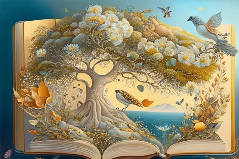 an art book with an illustration of flowers and exotics in the tree, in the style of light silver and light amber, whimsical dreamscapes, greek scene painting, aerial view, whimsical animals, sea and mountain scenes, glistening