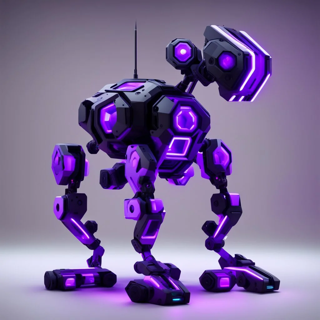 neon black and purple quadrupedal robot with a 3D hexagon for a head