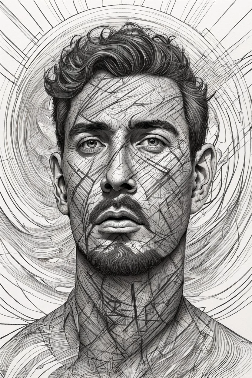 Portrait drawing of A man with deep lines on his face, staring towards the heaven, chaos