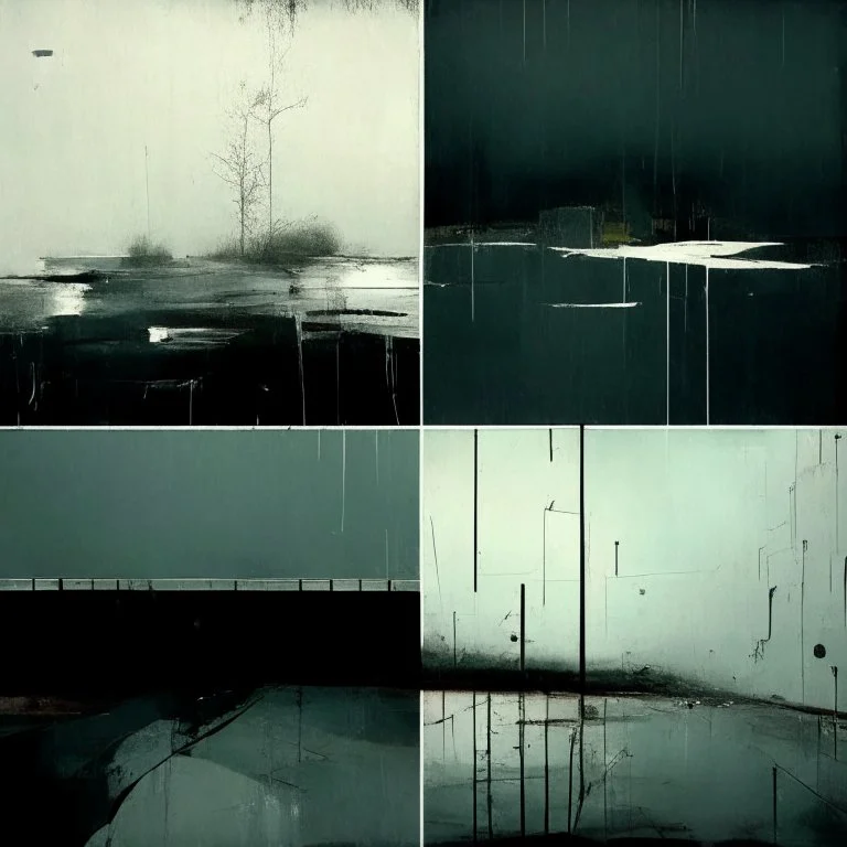 Minimal abstract oil paintings desolate 1960s carpark concrete fragments in a rain storm. style of Justin Mortimer and Phil Hale , Ashley Wood. road markings.