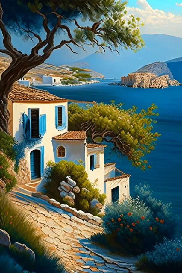 Greece landscape, painting, detailed