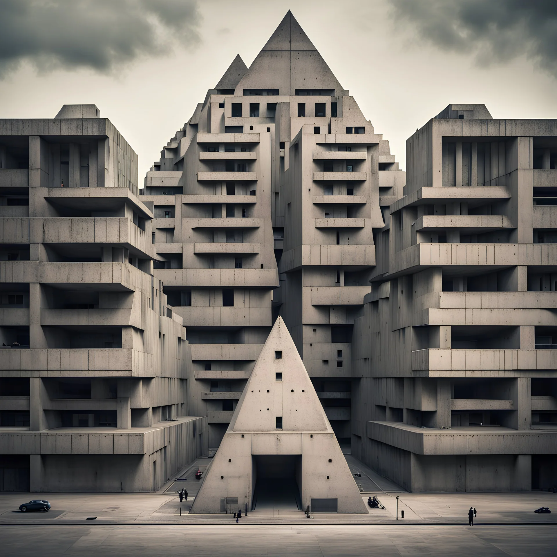 Brutalist concrete totalitarian cityscape orderly symmetric pyramids towers sprawling realistic photograph