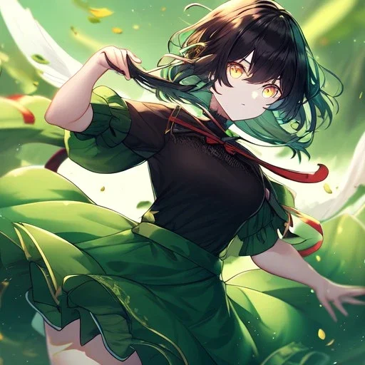 Clear focus, High resolution, Rough line, brown short hair with long locks fluffy, floating hair, glowing eyes, holding a sword, wearing a green leaf in her hair, wearing dark green skirt with a white line, wearing a red bow and a black sleevless shirt, cut frilled sleeve at top, sleeve have a ribbion at the end, wearing black fingerless gloves