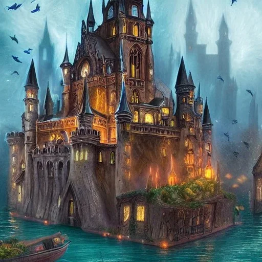 A magical gothic canal city of wizards, witches and warlocks with a castle Nick Harris style