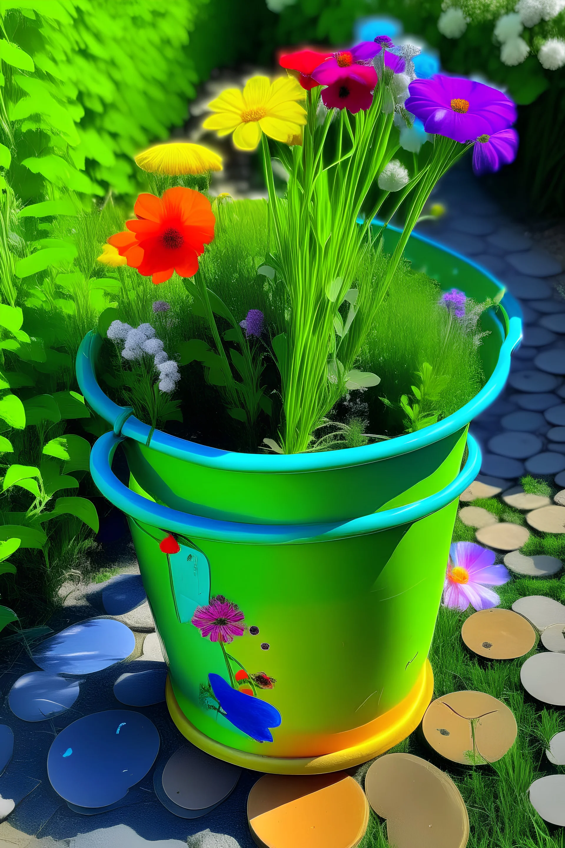 flowers in a bucket in a garden, toddlers style,