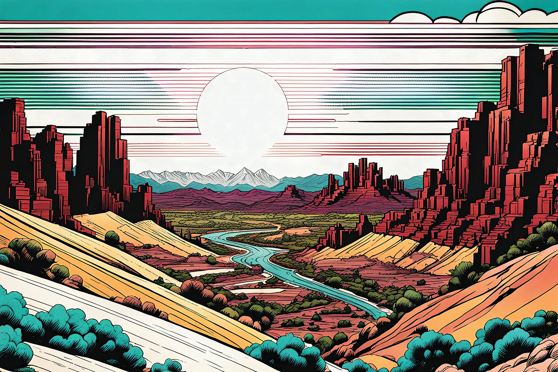 create an image of Arizona mountains in the comic book style of Jack Kirby precisely drawn, inked, and colored