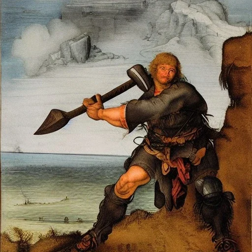 high-angle shot of a [barbarian warrior] holing an ((axe)) on a cliff overlooking the sea, monsters in the water by Durer