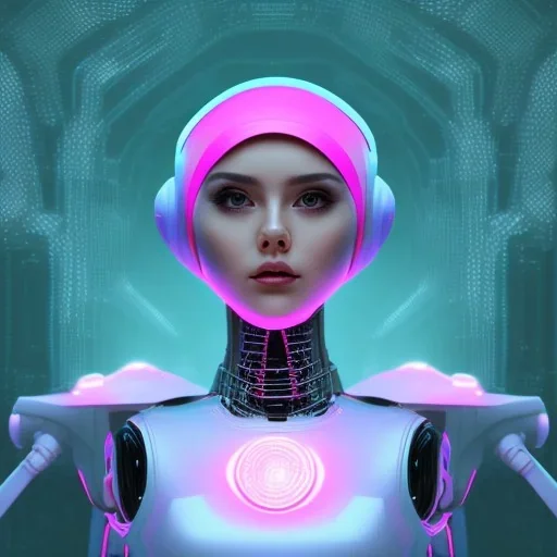 Cute hijab woman in a robotic suit,purple and pink backlight, profile