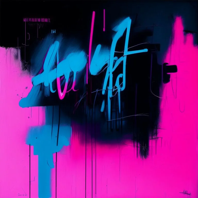 Minimal abstract oil painting of bright pink and blue. with random words. Line sketches. illuminated at night. In the style of Justin Mortimer and Phil Hale and Ashley Wood