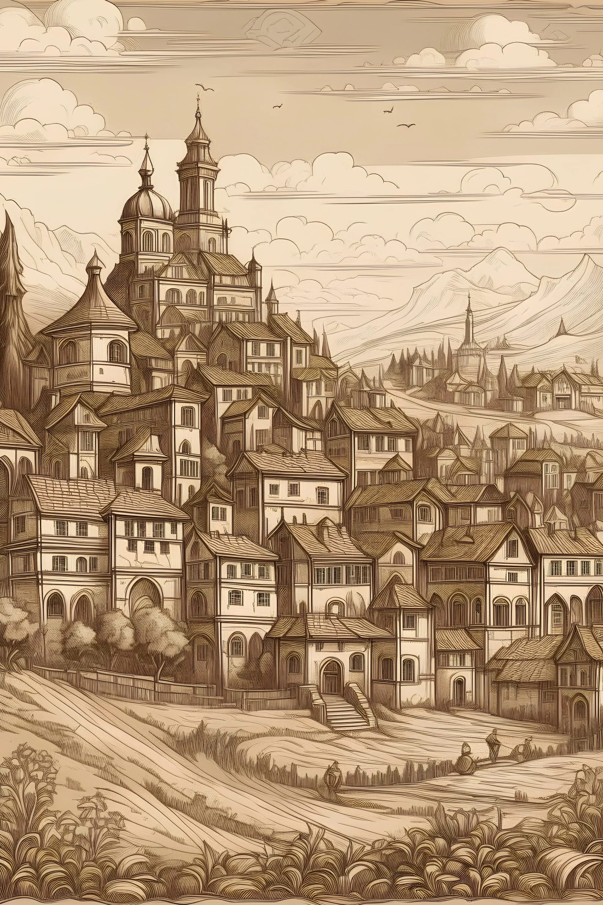 renaissance style drawing landscape and town