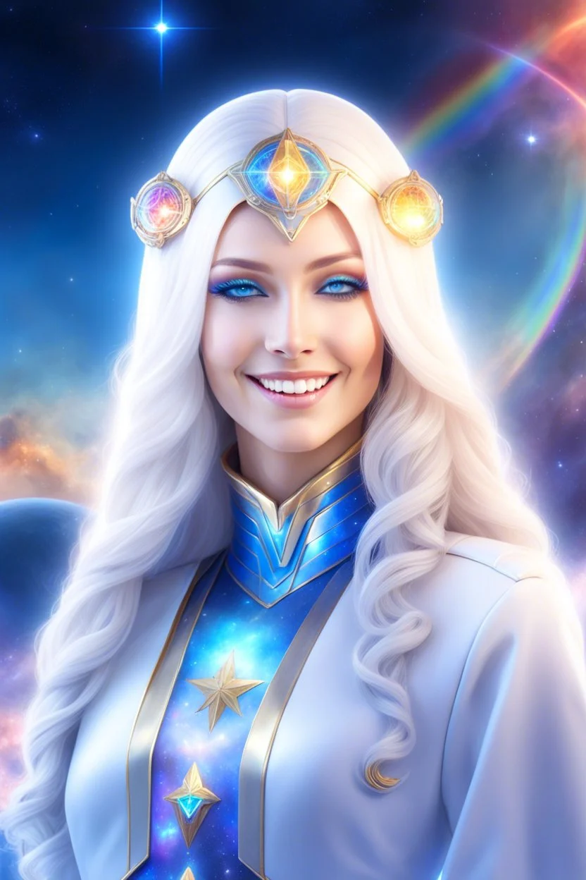 cosmic woman smile,galactic fédération, admiral from the future, one fine whole face, crystalline skin, expressive blue eyes,rainbow, smiling lips, very nice smile, costume pleiadian, Beautiful tall woman pleiadian Galactic commander, ship, perfect datailed golden galactic suit, high rank,rainbow hair, hand whit five perfect detailed finger, amazing big blue eyes, smilling mouth, high drfinition lips, cosmic happiness, bright colors, blue, pink, gold, jewels, realist, high,ufo,butterfly rainbow,