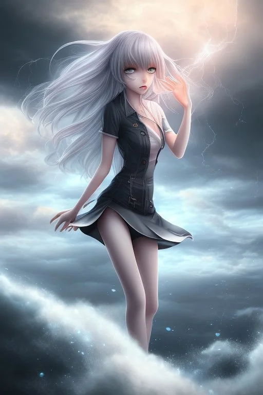 3d Anime beautiful girl in stormy surrounding