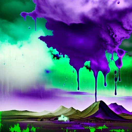 a texture of a beautiful clear sky violently exploding and raining dirty grey hues of purple, green, and brown that partially muddy the sky and make it ugly, surreal, dreamlike