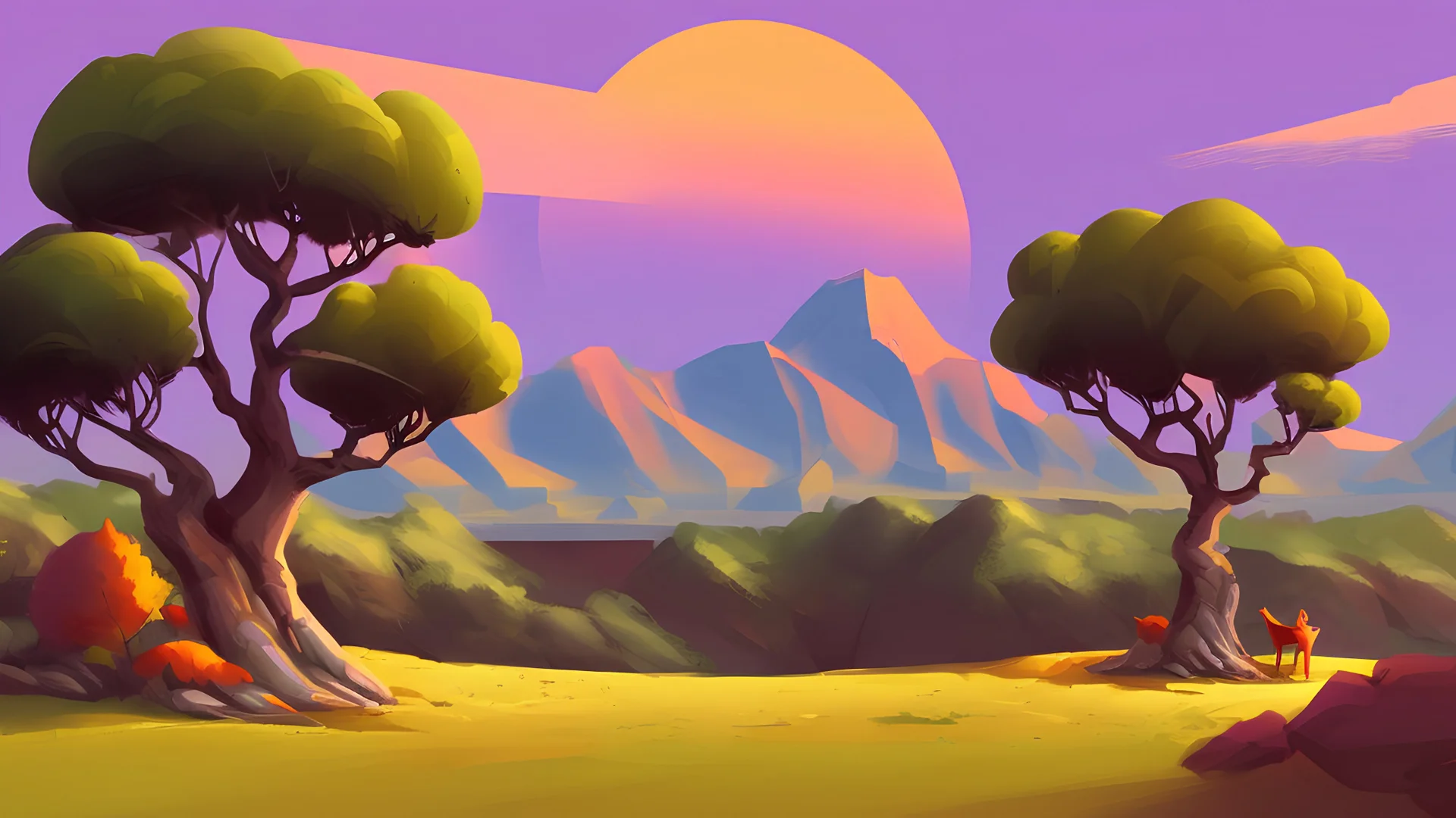 landscape with orange tree mountain and fox, cartoon,