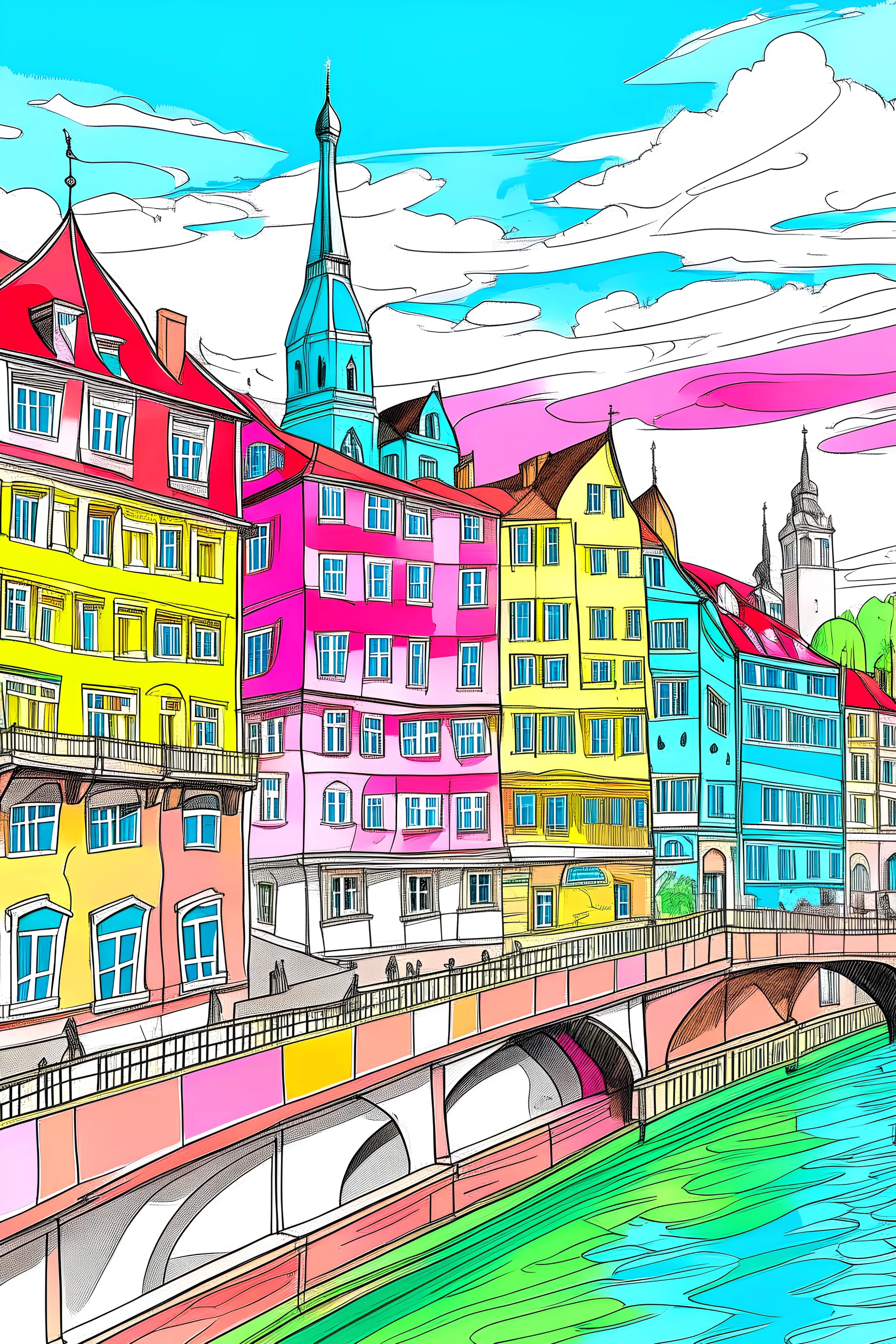 colourful drawings of basel, switzerland