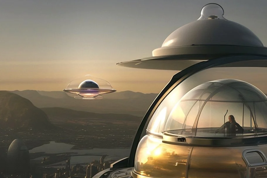 clear dome topped flying saucer with beautiful woman inside the flying saucer flying over future alien city