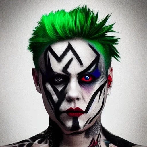 Keith Flint symmetric geometric portrait, realistic 3d anime , green hair, black metal facepaint, red eyes