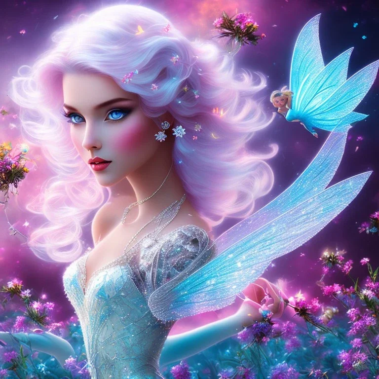 bright ice fairy, beautiful portrait, flowery landscape