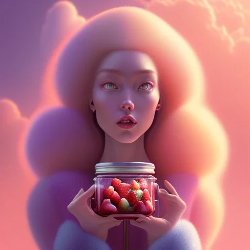 pixar style, realistic painting of a pretty women and a jar jam marmelade, in kitchen,volumetric blue clouds,pink sky environment and flying strawberries in the background, volumetric lighting,dramatic lighting, detailed digital painting, extreme dense and fine fur, anime, ornate, colour-washed colors, elegant, small minutiae, tiny features, particulars, centered, smooth, sharp focus, renderman gofur render, 8k, uhd, detailed eyes, realistic shaded volumetric lighting,caustics,backlight