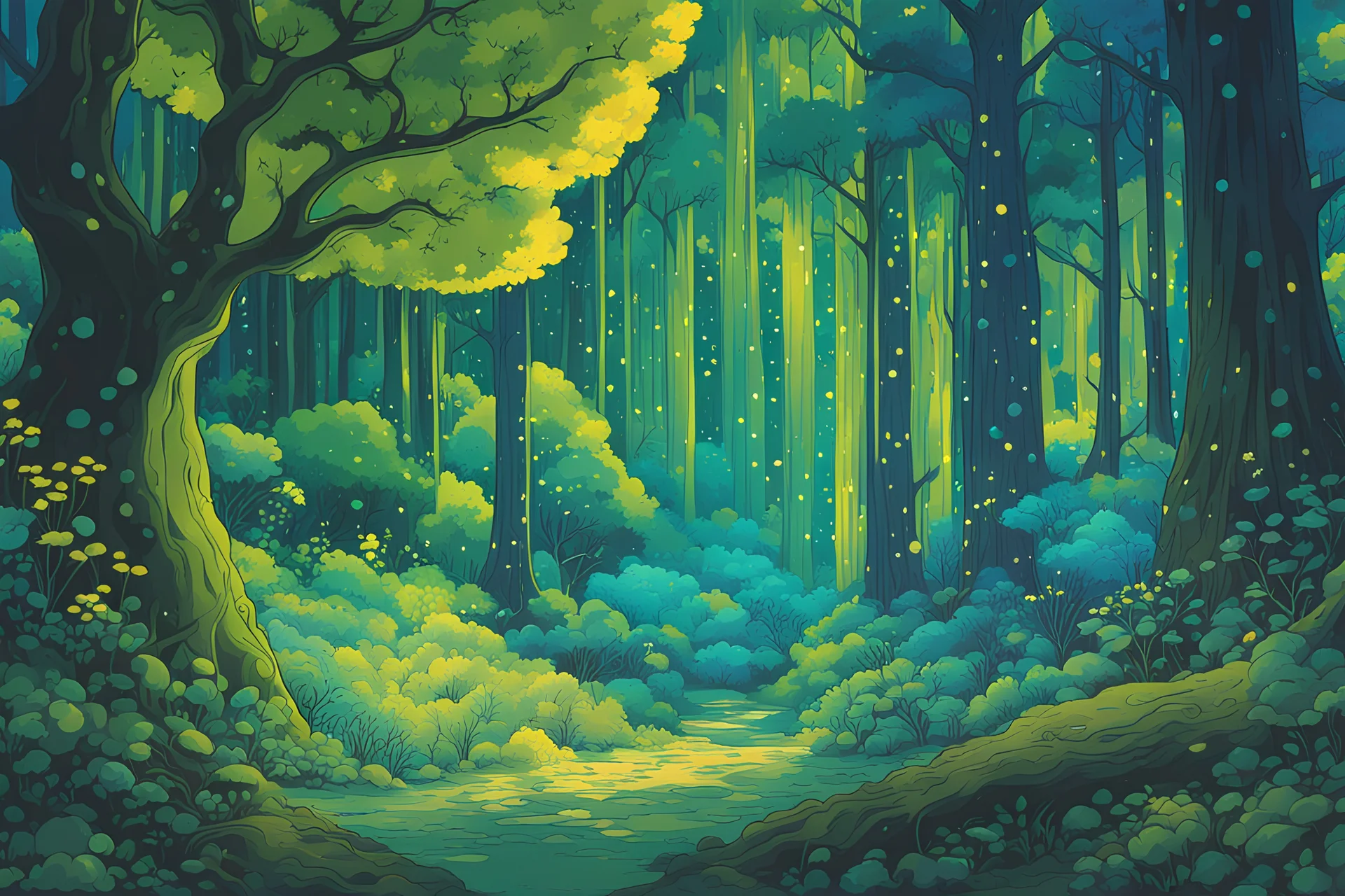 cosmic forest in a psychedelic green and blue and yellow in the illustrated style of studio ghibli