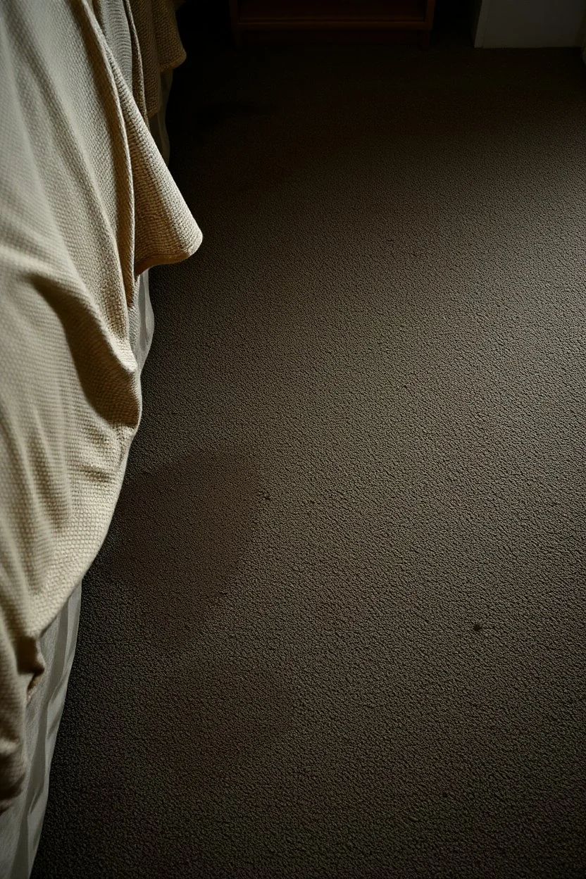 top down closeup of cheap motel room's dirty carpet, barely visible furniture dents in carpet, showing where furniture had been moved from