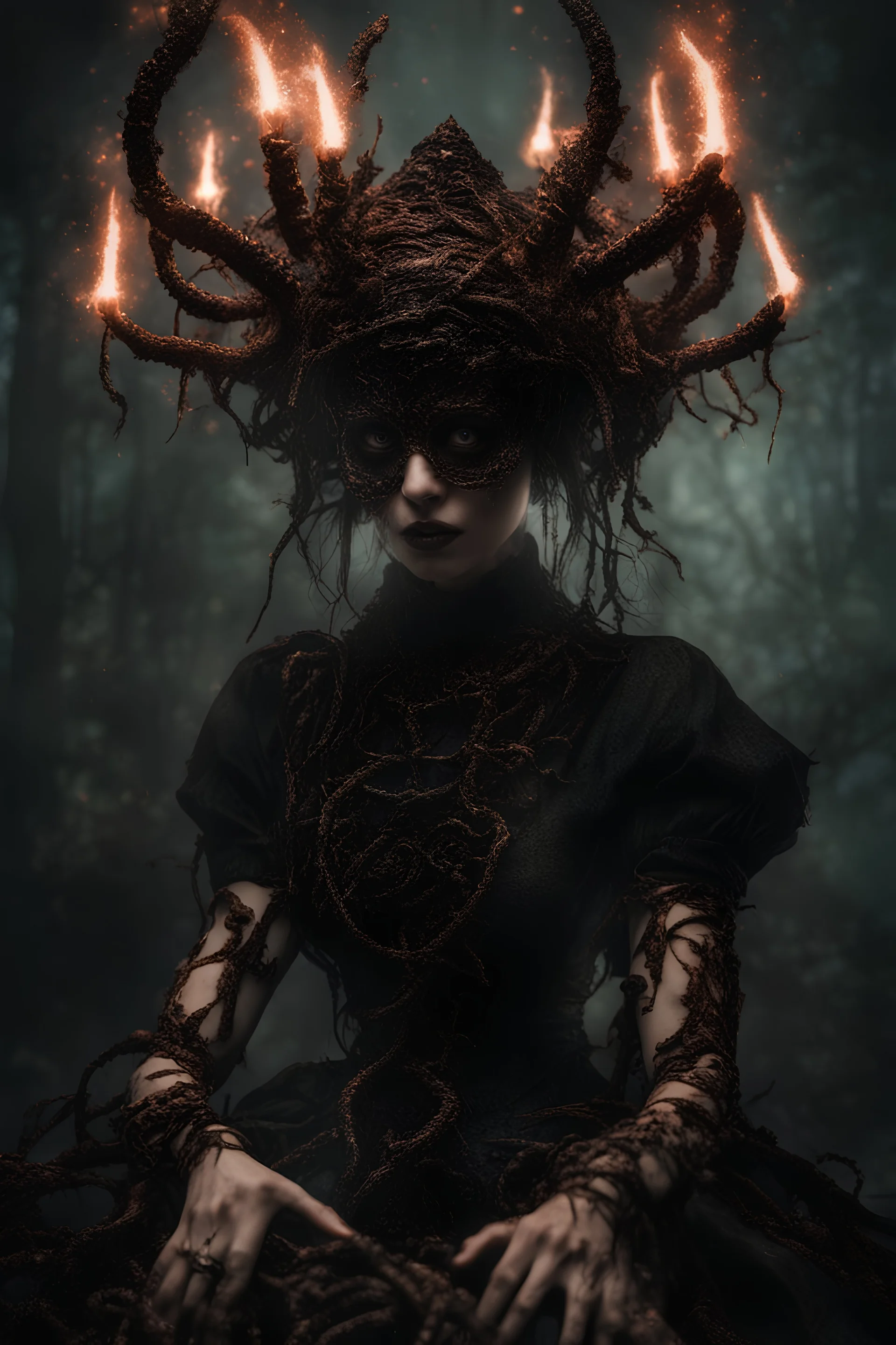 Demon girl wizard hat Halloween vintage girl, fullbody, creepy, horrifying, sinister, many worms parasite creature connected to the head and hands, sparks around her, sparks cybernetic, intricate, 8k, macro photography,