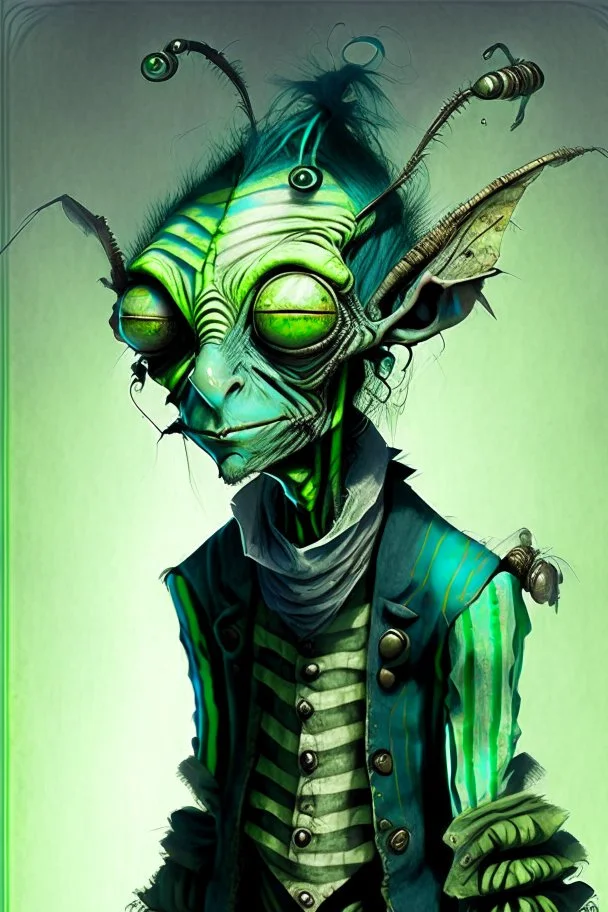 Artist Jean-Baptiste Monge style. A old biomorph male humanoid with Ant face. Bright eyes. A green and blue striped outfit. Modifiers: Tim Burton Craig Rutkowski