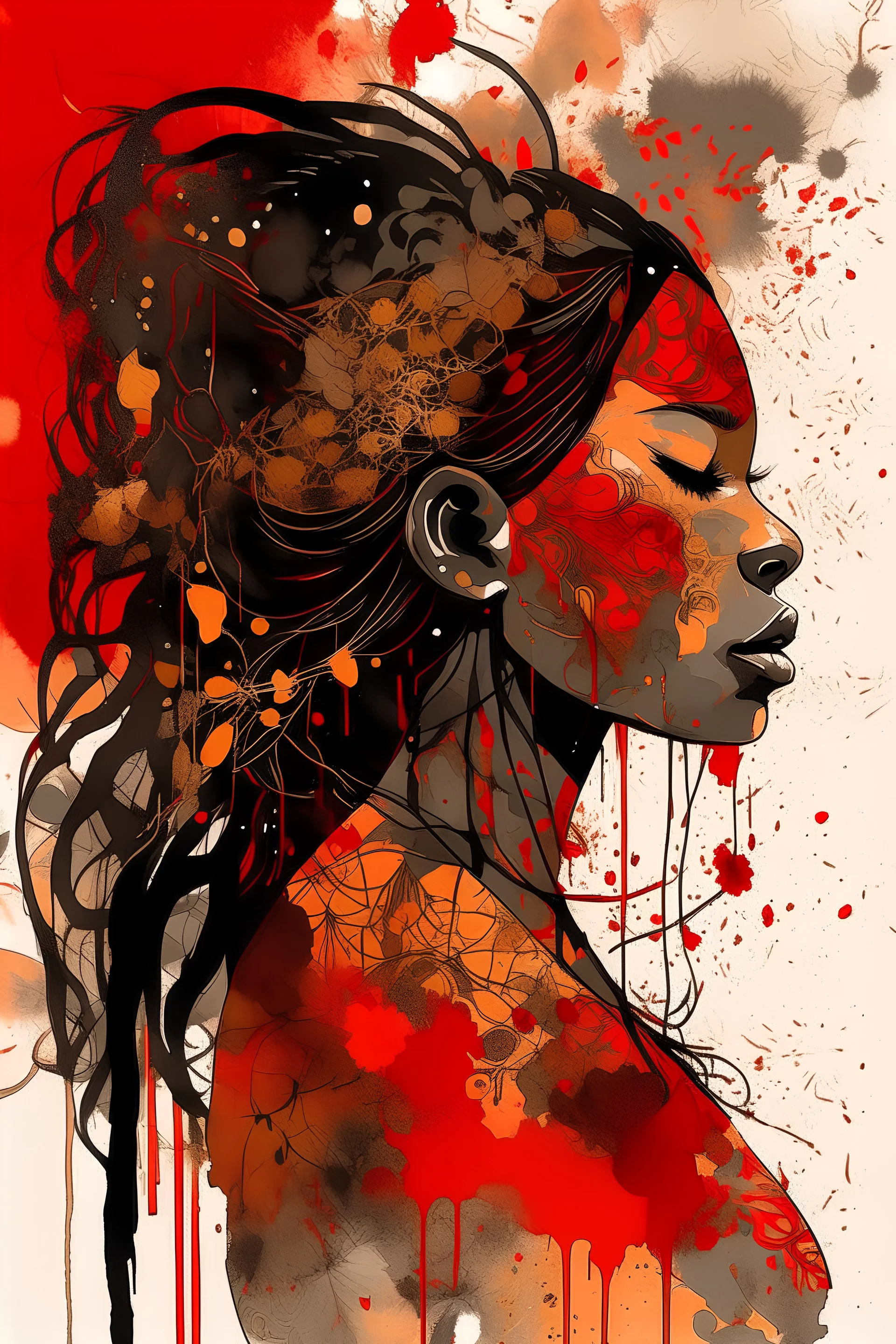 intricate and abstract Japanese ink wash illustration, wabi-sabi inspired stylized silhouette of an African-American woman. close-up composition showcases her long hair, detailed hazel eyes, and a modern urban street punk aesthetic. adorned with ink splatters, gold daubed specks, and features calligraphy and collage elements. The limited color palette consists of red, orange, gold, and black; reminiscent of traditional ukiyo-e styles, with a contemporary twist --no text or words