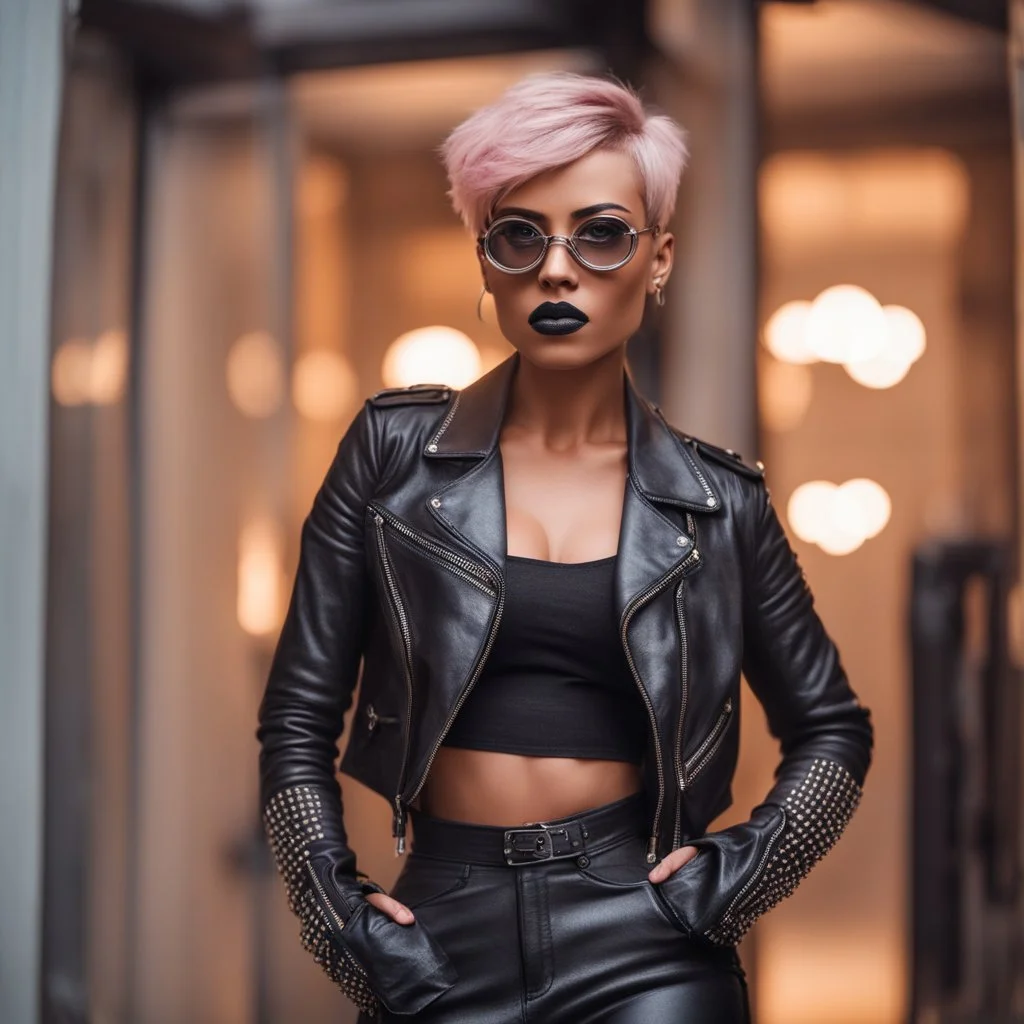 full body portrait -- an absolutely stacked female strawberry with pixie-cut hair, a perfect hourglass figure, perfect face, wearing a studded, black leather biker's jacket and pants with 12-inch platform boots and goggles,