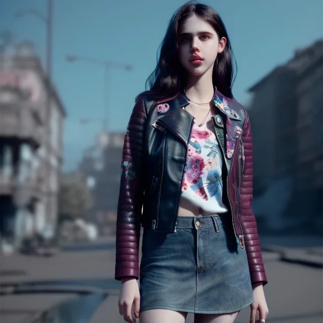 Margaret Qualley toddler, full body, leather jacket, floral shirt, floral skirt, shoe, soft skin, city background, dramatic lighting, hyper realistic