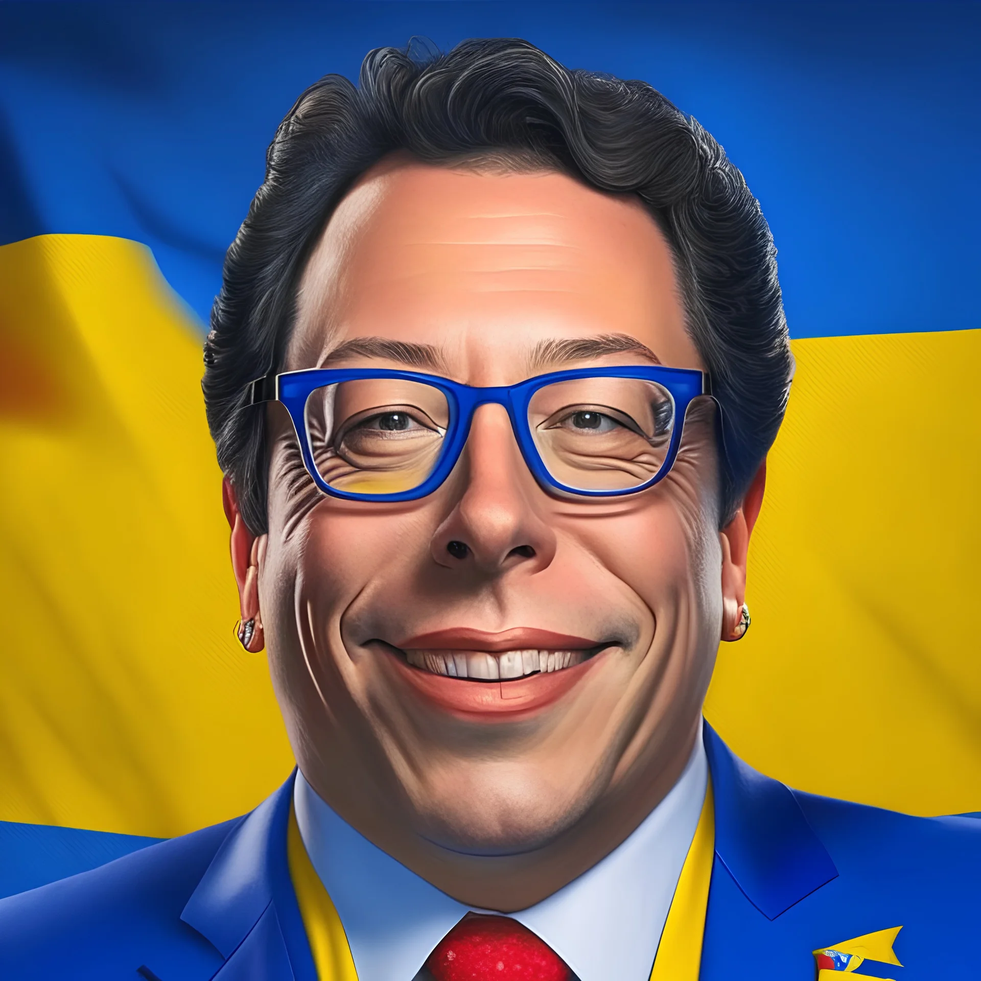 Caricatura del presidente de Colombia Gustavo Petro, color amarillo, azul y rojo, hiperrealista, 4k