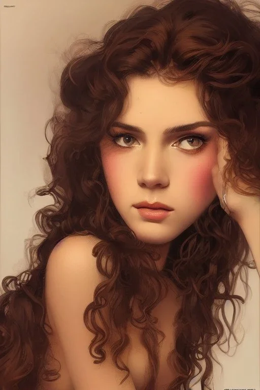 1970's porno model , cute, big droopy eyes, angelic face with minor blemishes, beautiful, long orange flowing hair, wavy hair, curly hair، black eyes, head and shoulders portrait, cinematic, misty atmosphere, 8k, resolution concept art portrait by Greg Rutkowski, Artgerm, WLOP, Alphonse Mucha dynamic lighting hyperdetailed intricately detailed, bokeh, Stunning 8k ektar film scan