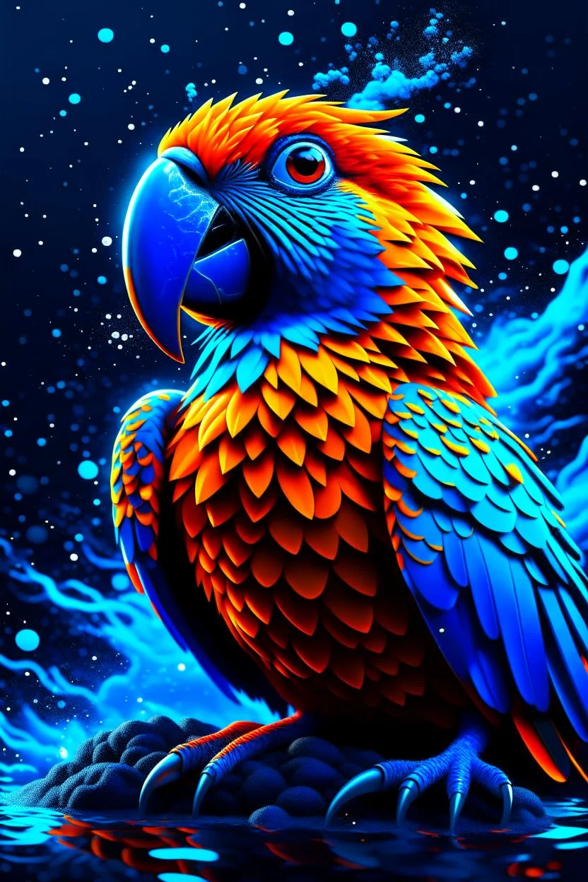 Generate an full body image of a parrot has a magma objects in the background and ocean objects in the background objects with an anime animal style.On Canvas, Brush Strokes, Smooth, Ultra High Definition, 8k, Unreal Engine 5, Ultra Sharp Focus, Intricate Artwork Masterpiece, Ominous, Golden Ratio, Highly Detailed, photo, poster, fashion, illustration