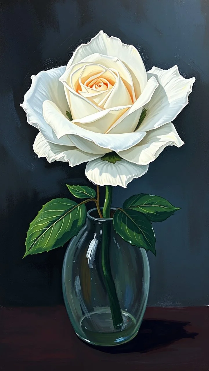 color painting of a white one Rose in the vase, use hard brush like Van Gogh style dark background
