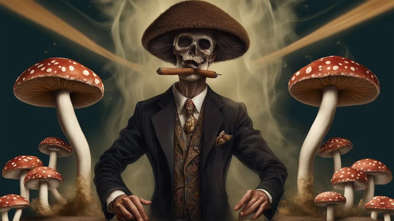 half human half mushroom hybrid men smoking many cigars while dancing