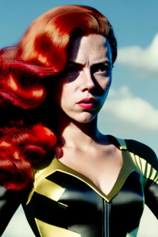 retro portrait image from 1960, sky background, wind, long red hair, fighting stance, sweet young Scarlett Johansson, black dress, classic long tight lycra black suit, gold bracelet and belt, high heel boots, superhero style, soft color, highly detailed, unreal engine 5, ray tracing, RTX, lumen lighting, ultra detail, volumetric lighting, 3d, finely drawn, high definition, high resolution.